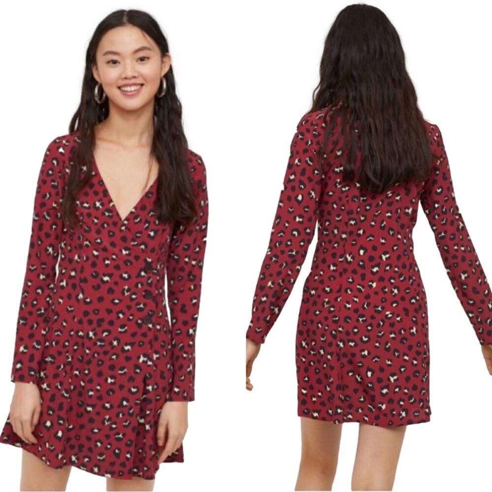 Divided Dress Red Burgundy Animal Print V-Neck Long Sleeve Wrap Dress Size 6 NEW
